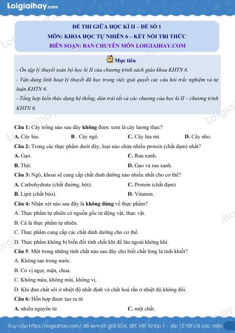 Đề thi giữa kì 2 KHTN 6 Kết nối tri thức - Đề số 1